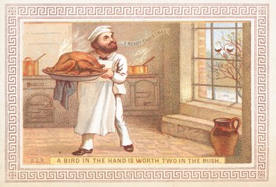 Chef holding turkey platter, Christmas Card by English School