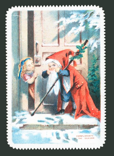 Child dressed as Santa knocking on door by English School