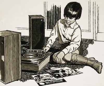 Child playing a record player by English School