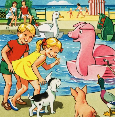 Children and Farmyard Animals Beside Pedalo Pond by English School