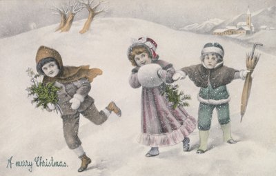 Children in the Snow, Victorian Postcard by English School
