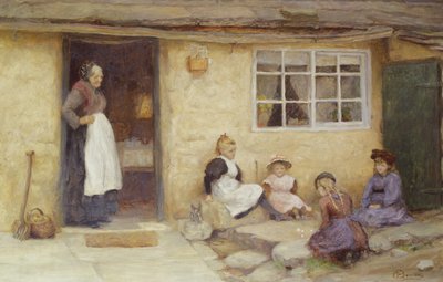 Children Playing Dice by a Cottage by English School