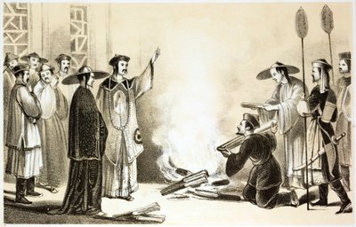 Chinese official presiding over the burning of objects, possibly books by English School