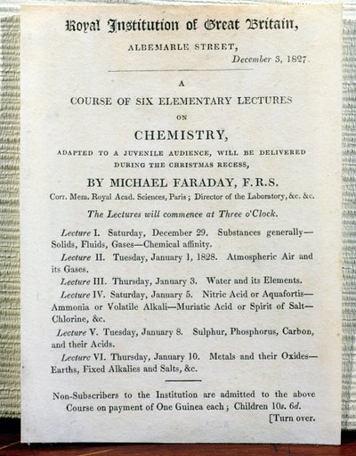 Christmas Handbill for Six Elementary Lectures on Chemistry by Michael Faraday 3 December 1827 by English School