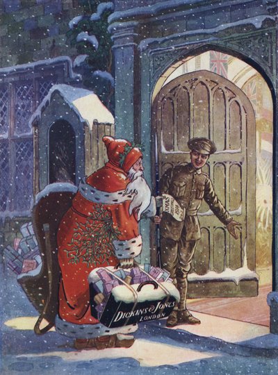 Christmas advertisement showing Santa Claus bringing gifts for WW1 soldiers from Dickins and Jones department store by English School