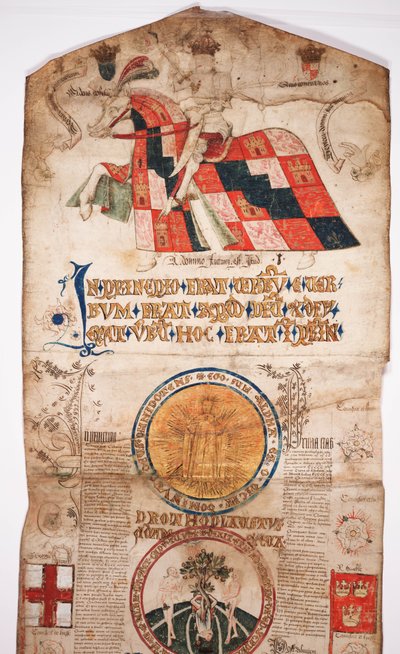 Chronicle of the History of the World from Creation to Woden, with a Genealogy of Edward IV, beginning section with a portrait of Edward IV on horseback, a roundel with God, and another by English School
