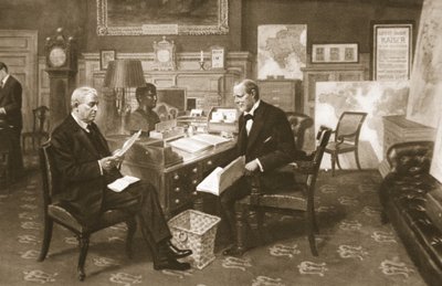 Churchill and Fisher at work: the First Lord in his room at the Admiralty with the First Sea Lord, from The Illustrated War News, 1915 by English School