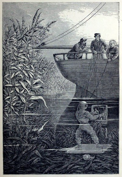 Clearing the Screw, from Under the Waves, or Diving in Deep Waters, pub. 1887 by English School