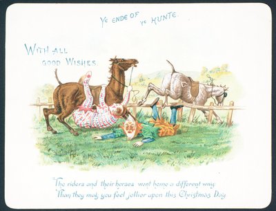 Clowns Falling Off Their Horses While Hunting, Christmas Card by English School
