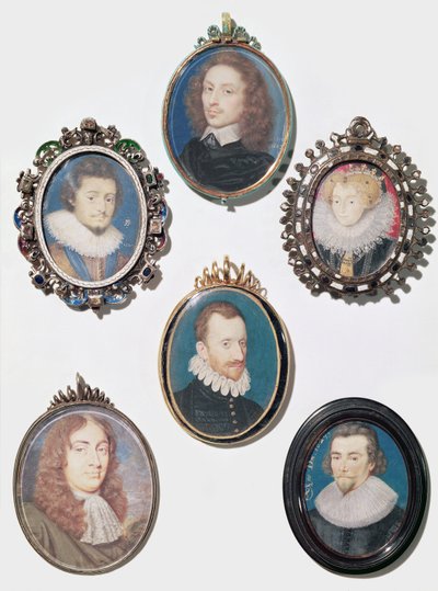 Collection of miniatures, LtoR, top row: Frederich V (1596-1632) Elector Palatine, King of Bohemia by English School