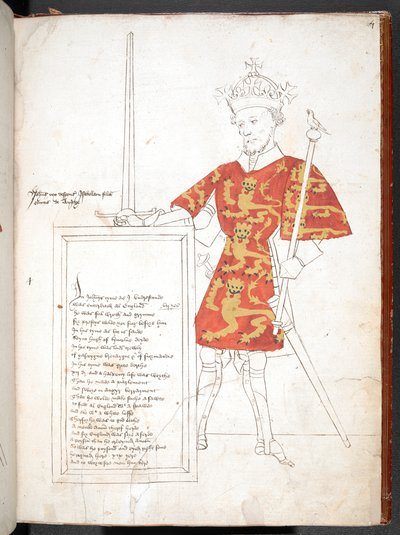 Coloured drawing of an English king in armour and tabard (King John), presenting a plaque with verses. Unfinished by English School