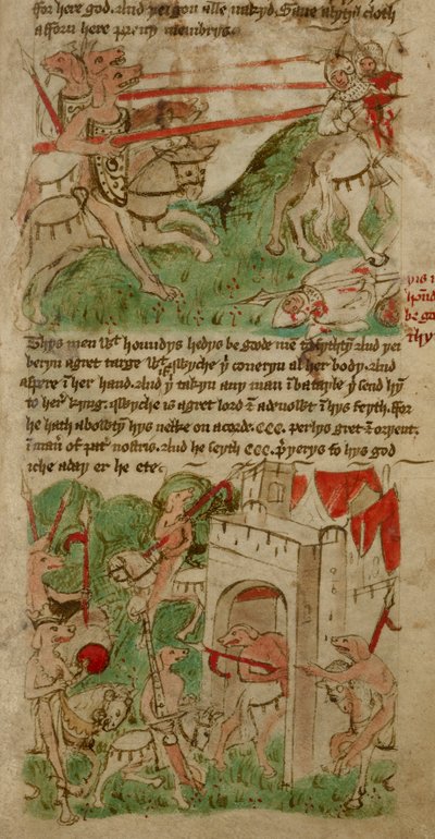 Coloured drawings depicting the dog-headed people (