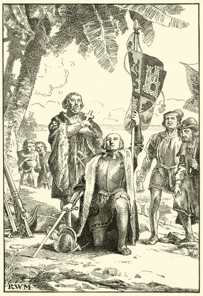 Columbus landing in the New World by English School