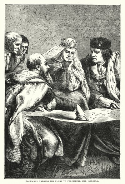 Columbus Unfolds His Plans to Ferdinand and Isabella (engraving) by English School