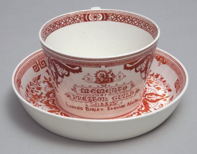 Commemorative Teacup and Saucer Reading A Memento of Preston Guild 1882, Minton, England, c.1882 by English School