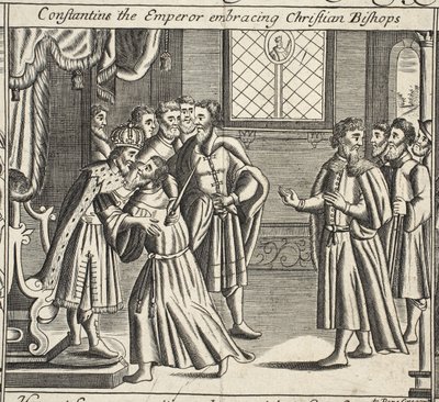 Constantine the Emperor embracing Christian Bishops, illustration from Acts and Monuments by John Foxe, ninth edition, published 1684 by English School