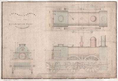 Construction drawing, 0-4-2 locomotive and tender by R. and W. Hawthorn and Co. for the Stanhope and Tyne Railway Co by English School