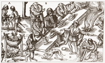 Contemporary illustration of a Gaelic Irish Chieftain eating a meal by English School
