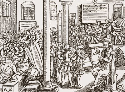 Contemporary woodcut of a Tudor grammar school by English School