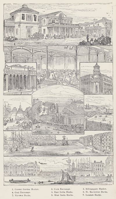 Convent Garden Market, Corn Exchange, Billingsgate Market, Coal Exchange, East India Docks, St Katherine Docks, Victoria Docks, West India Docks, London Docks by English School