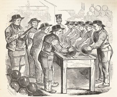 Convicts scraping shot, illustration from The Criminal Prisons of London and Scenes from Prison Life by Henry Mayhew and John Binny, pub. 1862 by English School