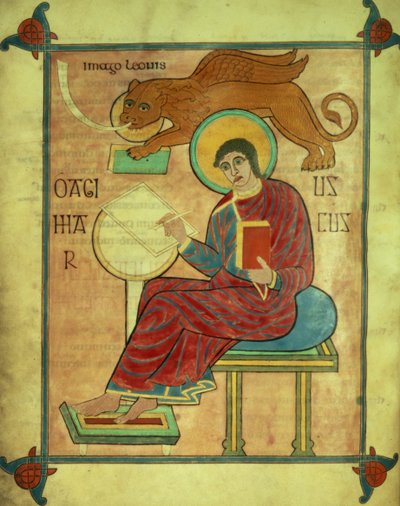 St. Mark Seated with His Symbol (from the Lindisfarnes Gospels, 710-721) by English School