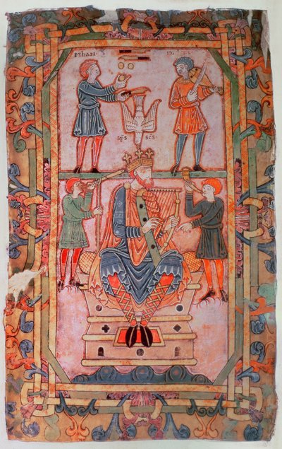 David Playing His Harp (from the Tiberius Psalter, Winchester, c.1050) by English School