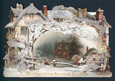 Cottage snow scene by English School