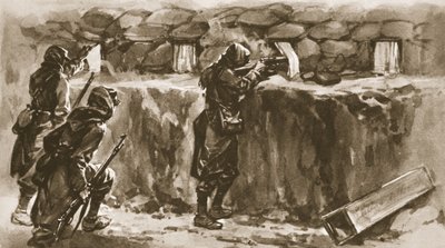 Cottage window-curtains as Trench loop-hole screens: A French expedient to baffle the Enemy sharpshooter, from The Illustrated War News, 1915 by English School