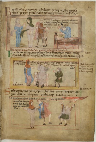 Lamech and his two wives and his son, Tubalcain, the blacksmith, at work by English School