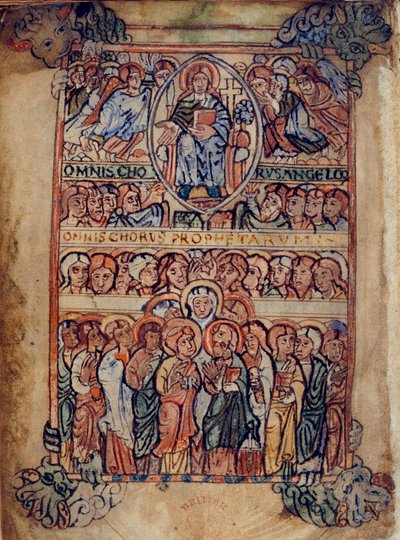 Christ in Majesty surrounded by implements of the Passion, and choirs of angels and prophets, illustration from the 