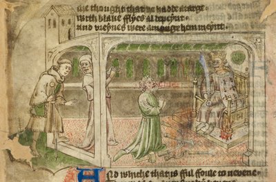 Cotton Tiberius A. VII, f.65v, The House of Idolatry, with the pilgrim entering and a man worshipping a crowned idol by English School