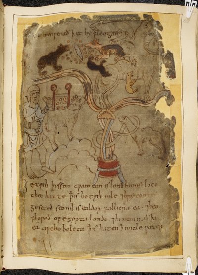 Three dog-like ants attacking a tethered camel, man in a tunic, illustration from Beowulf, from the 