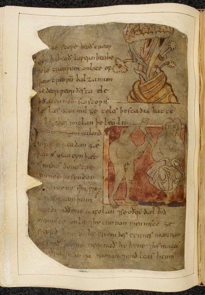A tree from which balsam grows; a donestre, a beast-headed man, on the left holding a human leg and foot, and a person on the right, illustration from Beowulf, from the 