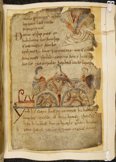 A golden vine-tree; three people talking, representing a kindly nation who rule the Red Sea, where the best pearls are found, illustration from Beowulf, from the 