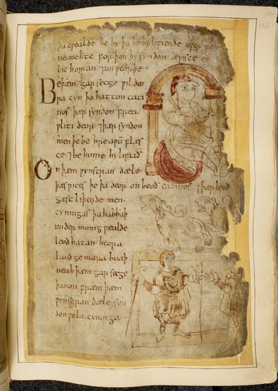 A man sitting on a cushion under an arch; two catini, open-mouthed beasts like dogs; a robed man with a staff, extending his hand to another man, illustration from Beowulf, from the 