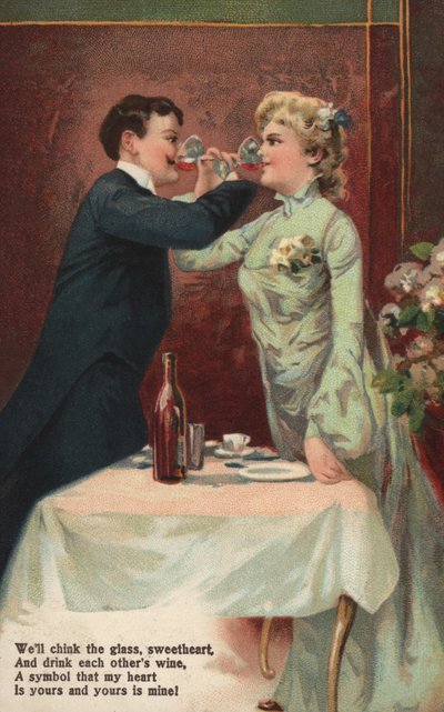 Couple clinking glasses by English School