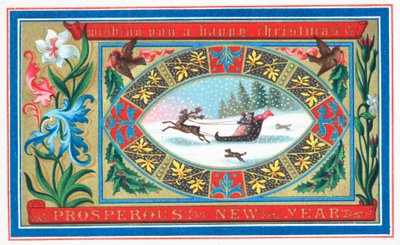 Couple sledging surrounded by flowers, Christmas Card by English School