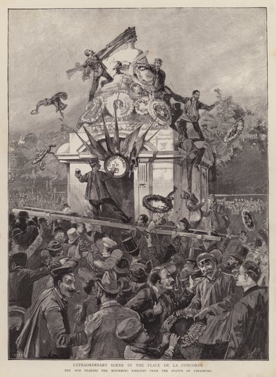 Crowds tearing down mourning emblems from the statue of Strasbourg on the Place de la Concorde, Paris by English School