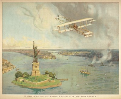 Curtiss in His Bi-plane Making His Flight Over New York Harbour by English School