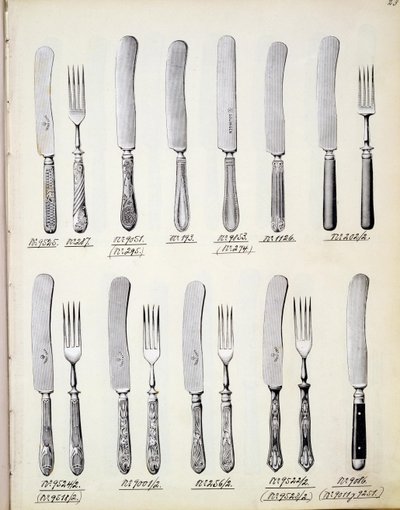 Cutlery designs, from a trade catalogue of domestic goods and fittings, c.1890-1910 by English School