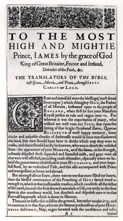 Dedication page in The Holy Bible, published by Robert Barker, 1611 by English School