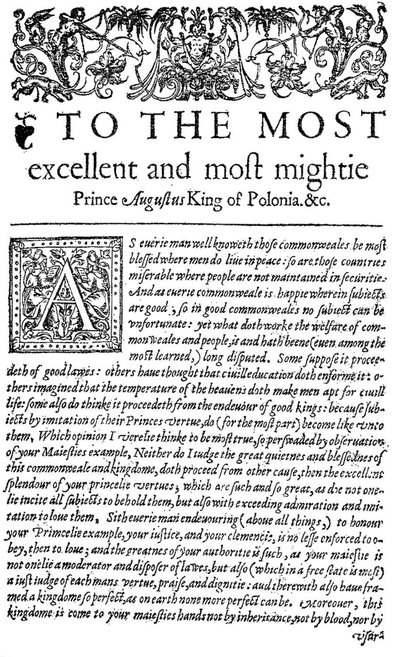 Dedication to the King of Poland Sigismund II Augustus I in The Counsellor, the First English Translation of Wawrzyniec Grzymała Goślicki