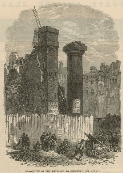 Demolition of the entrance to Clements Inn, Strand, London by English School
