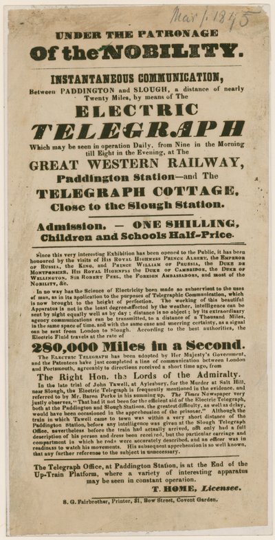 Demonstration of the Electric Telegraph, 1845 by English School