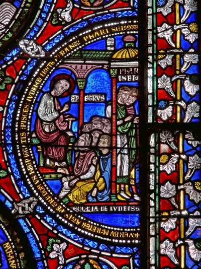 Detail from one of the Bible Windows depicting St. Peter preaching by English School