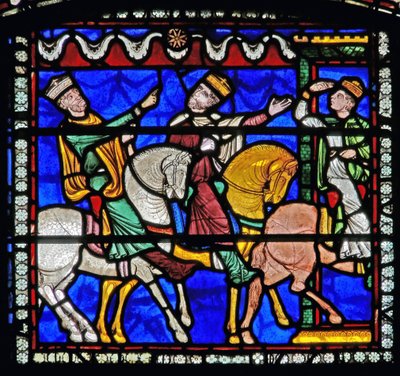 Detail from one of the Bible Windows depicting the Magi on horseback following the star by English School