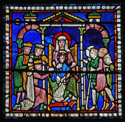 Detail from one of the Bible Windows depicting the adoration of the Magi and the Shepherds by English School