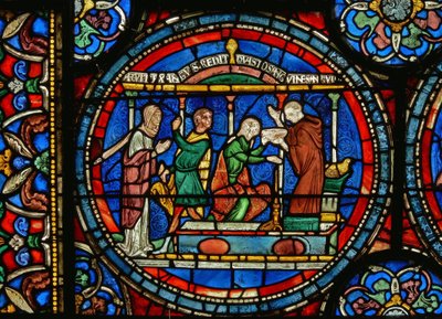 Detail from the Miracle Window depicting Audrey of Canterbury taking healing water by English School