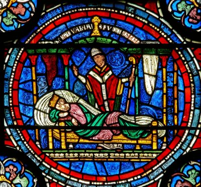 Detail from the Miracle Window depicting King Louis VII being told by Thomas to go to his tomb by English School